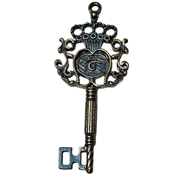 Vintage Ornate Brass Skeleton Key Pendant Crown Heart Design Blue Accents - Picture 1 of 4